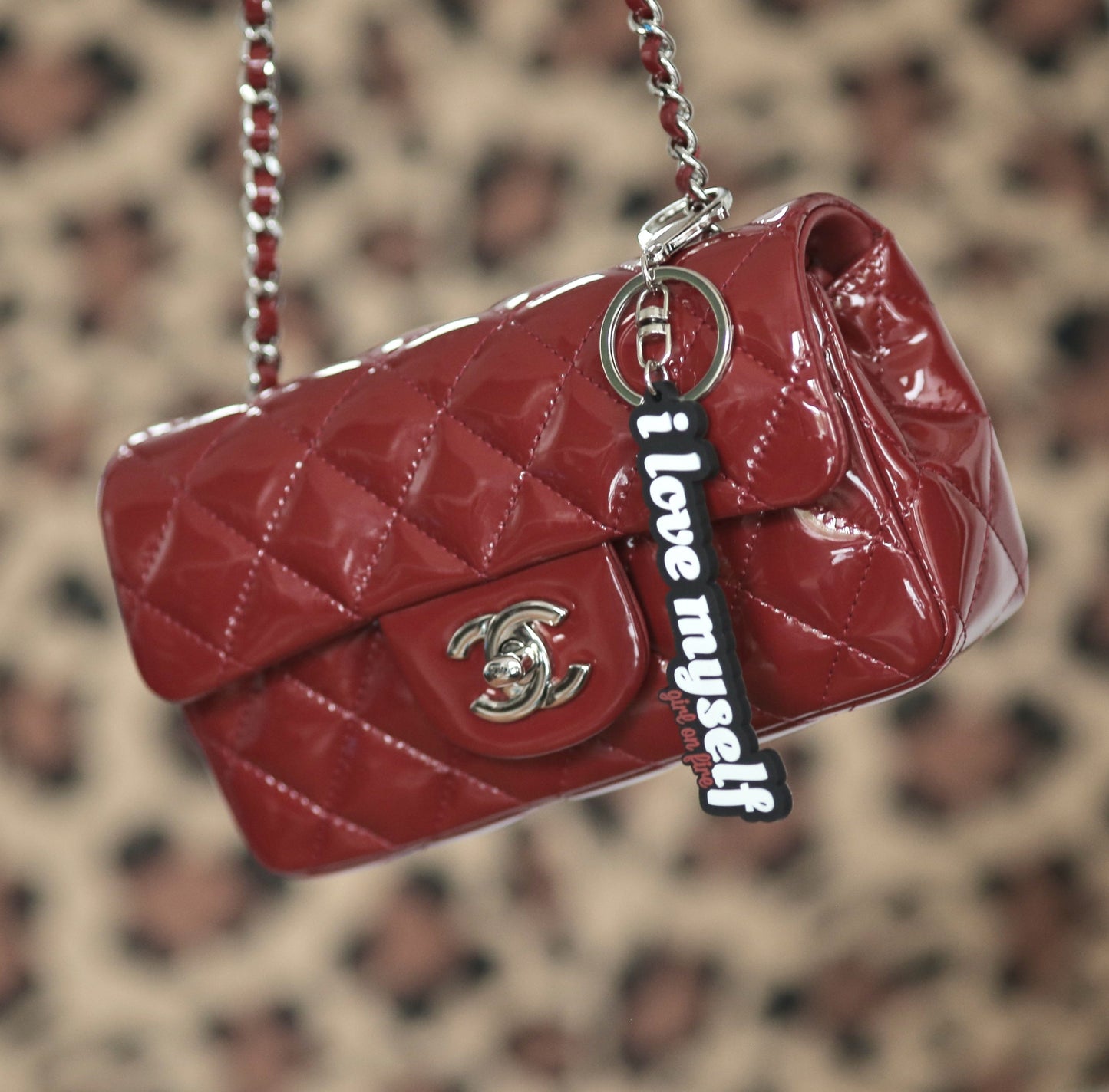 Chanel Mini Bag and I love myself keychain charm by girl on fire artwear