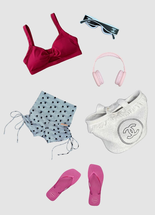 Girl on Fire Artwear Nini Bra & Neli Short, Chanel Sunglasses, Apple Headphones, Chanel Beach Tote, Havaianas Flip Flops on white background