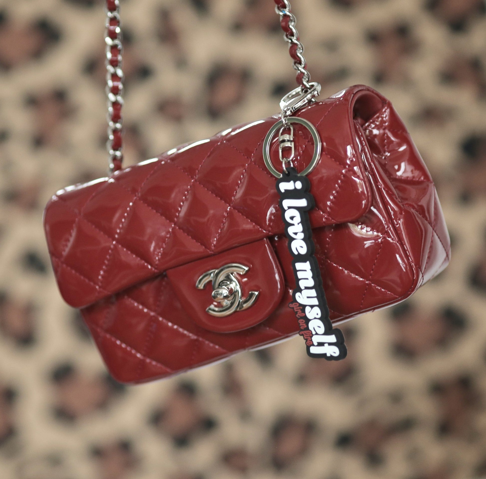 Chanel Mini Bag and I love myself keychain charm by girl on fire artwear