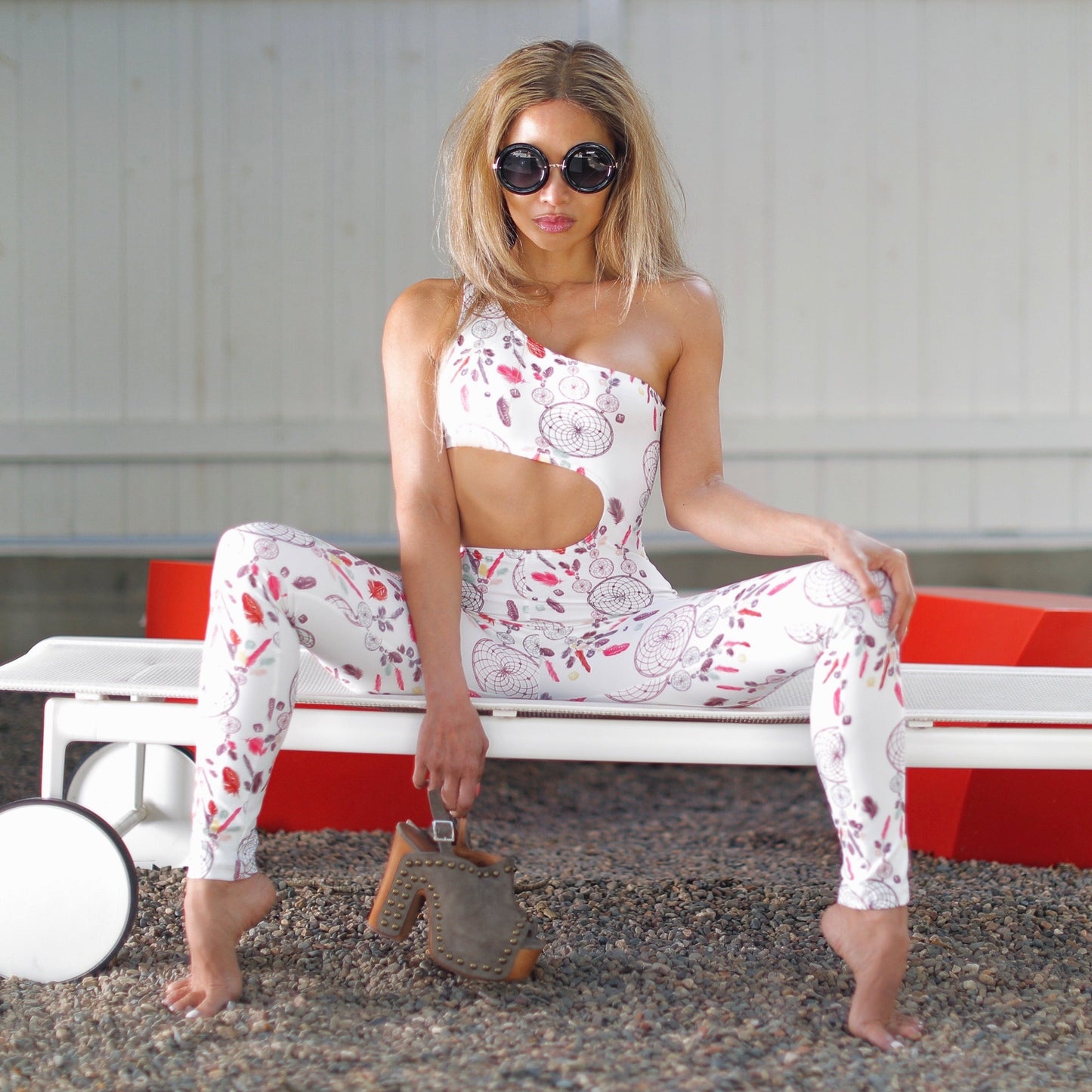 Angelica Jansen in Girl On Fire Artwear Katrina Cutout Catsuit Manhattan Beach California 