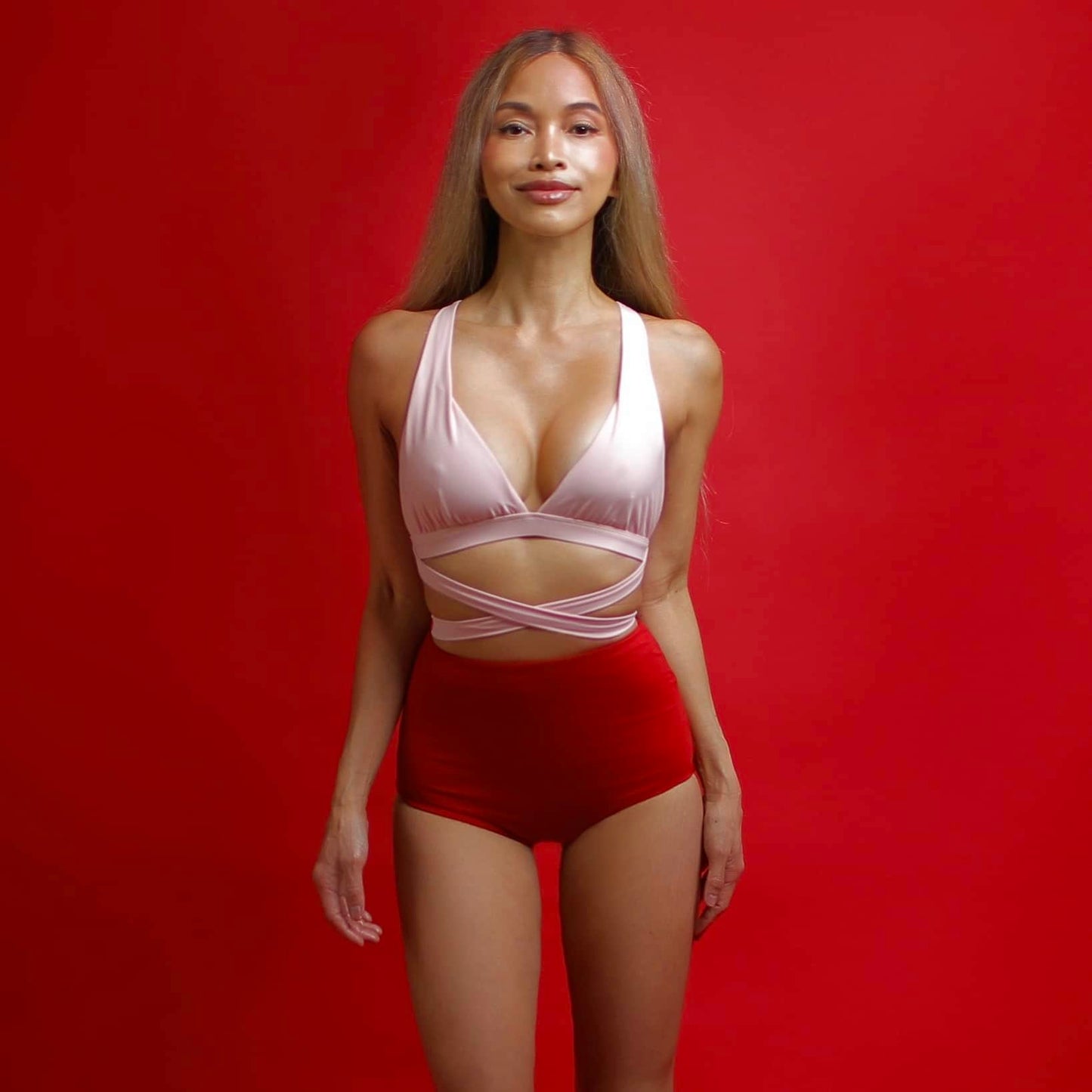 girl on fire pink keni bra and hearts on fire shorts
